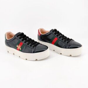 Gucci Ace Bee Platform Sneakers Size 38.5 US 8.5 Black Leather Embroidered